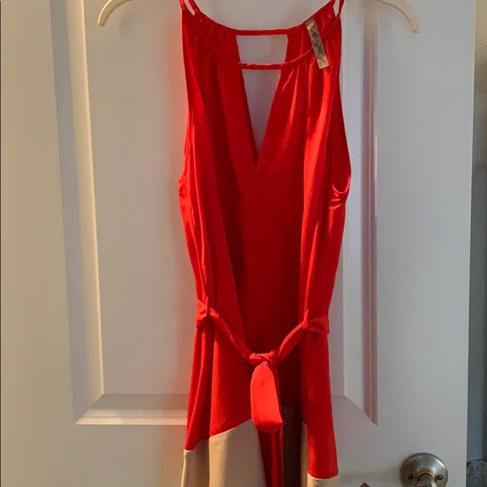 Coral and cream dress with waist-cinching tie
